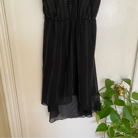 Bebe gold-studded high-low black halter party dress with chiffon overlay - Picture 5 of 14